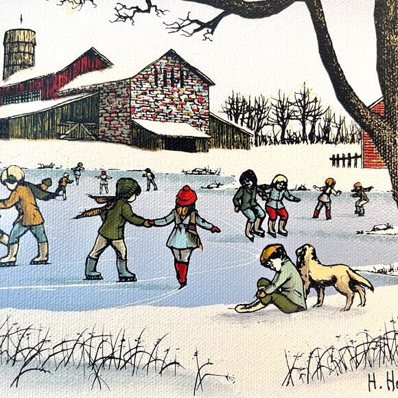 H. Hargrove The Ice Skating Pond Country Scene Framed Oil Painting Canvas Signed - Picture 11 of 15